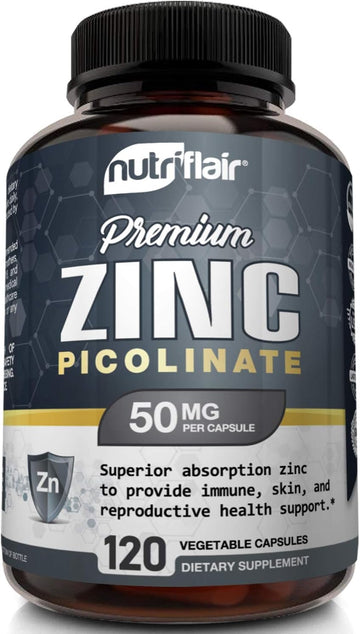 Nutriflair Zinc Picolinate 50Mg, 120 Capsules - Maximum Absorption Zinc Supplement Pills - Immune System Booster, Immuni