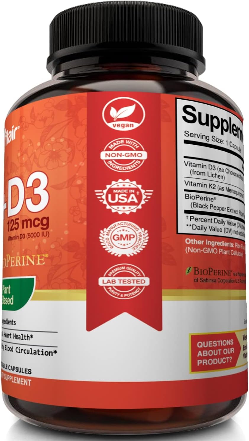 NutriFlair Vitamins D3 (5000iu/125mcg) + K2 (as Mk7) - Made