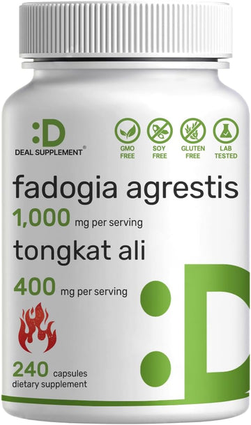 Fadogia Agrestis 1,000Mg & Tongkat Ali (Longjack) 400Mg, 240 Capsules  Max Strength Stem & Root Extract  Muscle Mass &