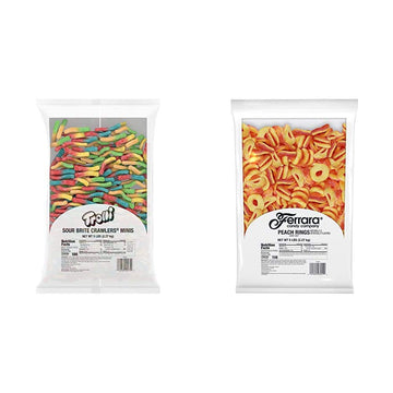 Trolli Sour Brite Crawlers Gummy Worms, 5 Pound Bulk Candy Bag Sour Gummy Worms & Peachie O'S Sour Gummy Rings Candy, 80