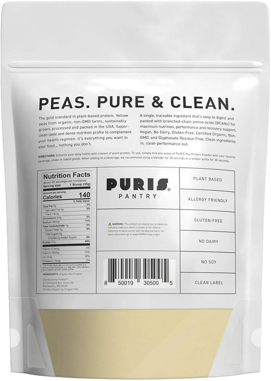 Puris Organic Pea Protein Powder, 100% Grown, Processed And Packed In