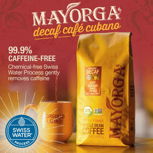 Mayorga Decaf Dark Roast Coffee, Bag - Swiss Water Decaffeinated CafƩ Cubano Coffee Roast - 100% Arabica Whole Coffee Beans - Smoothest Organic Coffee - Specialty Grade, Non-Gmo, Direct Trade