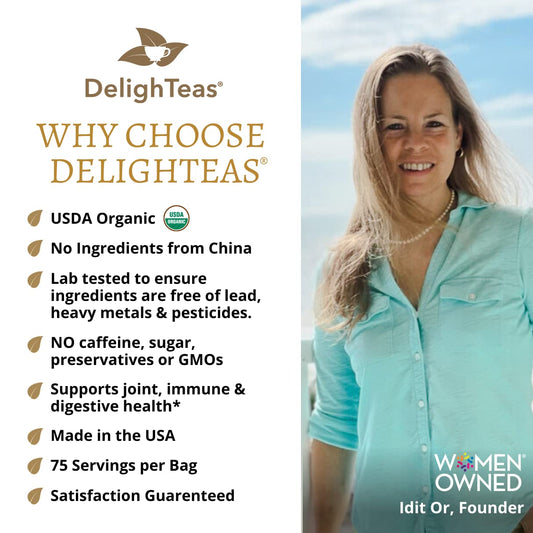 Delighteas Ayurvedic Turmeric Ginger Tea | Usda Organic Loose Leaf Herbal Tea For Joint Support | Non-Gmo, Caffeine Free, Unsweetened | 75 Servings,  | With Bpa-Free Tea Infuser