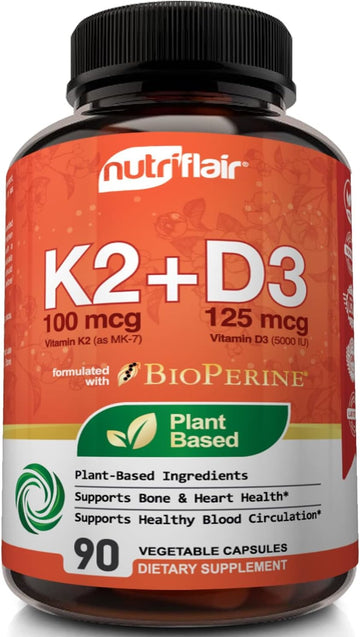 Nutriflair Vitamins D3 (5000Iu/125Mcg) + K2 (As Mk7) - Made With Plant-Based Ingredients Plus Bioperine Black Pepper Extract, 90 Capsules - Supports Healthy Immune, Heart And Health - Non-Gmo Pills