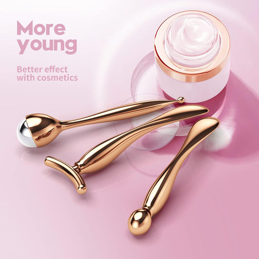 3-IN-1 Metal Eye Cream Applicator Roller Wand Stick, Face Roller Massager Tool for Eye Massage Face Massage Facial Massage Beauty Massage Reduce Puffiness (Rose Gold)