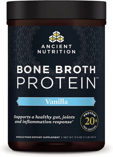 Ancient Nutrition Protein Powder Made from Real Chicken and Beef Bone Broth, Vanilla, 20g Protein Per Serving, 20 Serving Tub, Gluten Free Hydrolyzed Collagen Peptides Supplement