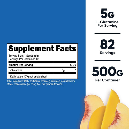Nutricost L-Glutamine Powder Sweetened With Stevia (500 Grams, Peach Mango) | L-Glutamine Supplement For Gut Support, 5 Grams Of L-Glutamine Per Serving - Gluten Free, Non-Gmo