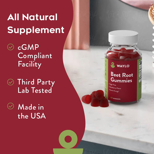 Waylo Sugar Free Chewable Beet Root Gummy - Nitric Oxide Supplement Beetroot - Sugar Free Energy Supplements Made In Usa
