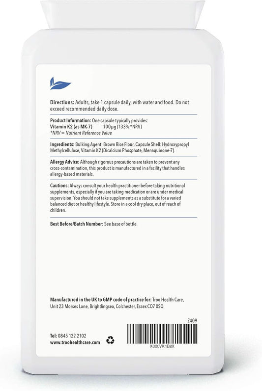 Troo Vitamin K2 Mk-7 100Mcg 120 Capsules - Highly Bioactive Vit K2 Bon70 Grams
