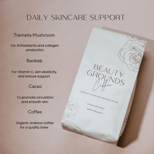 Beauty Grounds Coffee Signature Roast, With Tremella Mushroom, Baobab, And Cacao - Micro Roasted Low Acid Single Origin Ground Coffee - Certified Organic & Kosher