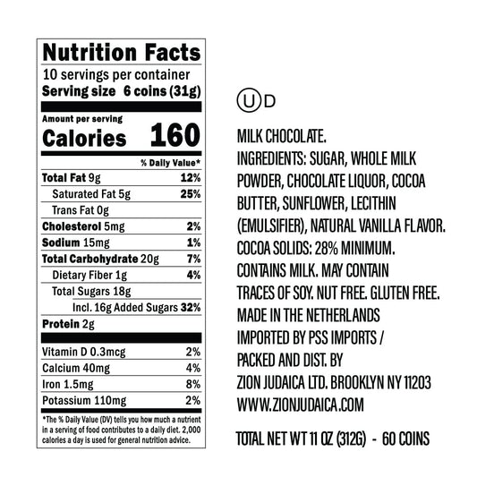 Maccabee Hanukkah Gelt Milk Belgian Chocolate Coins Kosher Nut-Free Chanukah Candy In A Gift Pack Contains 60 Large Coin