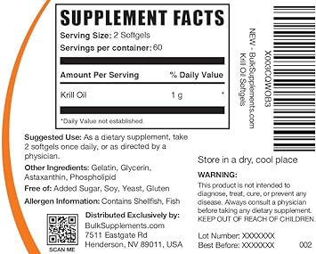 BULKSUPPLEMENTS.COM Krill Oil 1000mg Softgels - Krill Oil Supplement, Antarctic Krill Oil, DHA Supplements - Krill Oil O