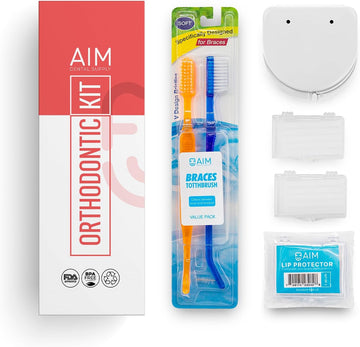 AIM Orthodontic Kit - Orthodontic Bracebrush Toothbrush (Pack of 2), Lip Protector for Braces, Retainer Case, Orthodontic Wax, Orthodontic Oral Care Kit for Travel (Clear)