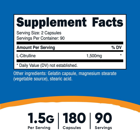 Nutricost L-Citrulline 750Mg, 180 Capsules - 1500Mg Per Serv, Gluten Free