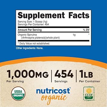 Nutricost Organic Spirulina Powder 454 Grams, 1Lb - Pure, Certified Or
