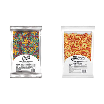 Trolli Sour Brite Octopus, 5 Lb Resealable Bulk Sour Gummy Bag & Peachie O'S Sour Gummy Rings Candy, 80 Ounce (Pack Of 1