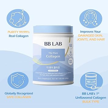 Bb Lab The Pure Collagen, Unflavored Low Molecular Fish Collagen Powder, Sugar Free, Gluten Free, Non-Gmo, Korean Collagen Peptides, Marine Collagen, Vitamin C, Hyaluronic Acid, Elastin, 7.05Oz