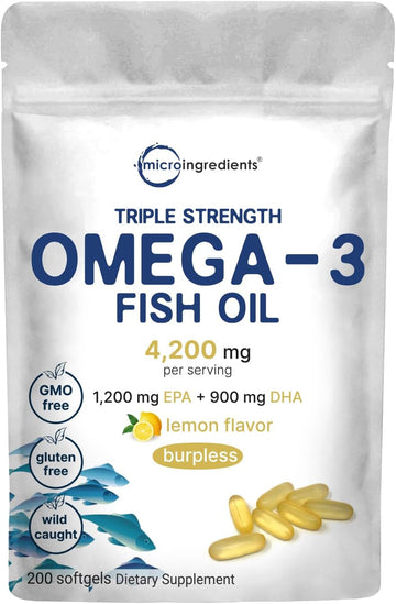 Triple Strength Omega 3 Fish Oil Supplements 4200mg Per Serving, 200 Softgels ?Lemon Flavored ? Burpless (Enteric-Coated
