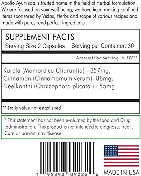 Apollo Ayurveda Dia V Plus Blood Glucose And Digestion Support Supplement | Karela (Bitter Melon), Cinnamon, Neelkanthi