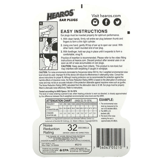Hearos, Ear Plugs, Nrr 32