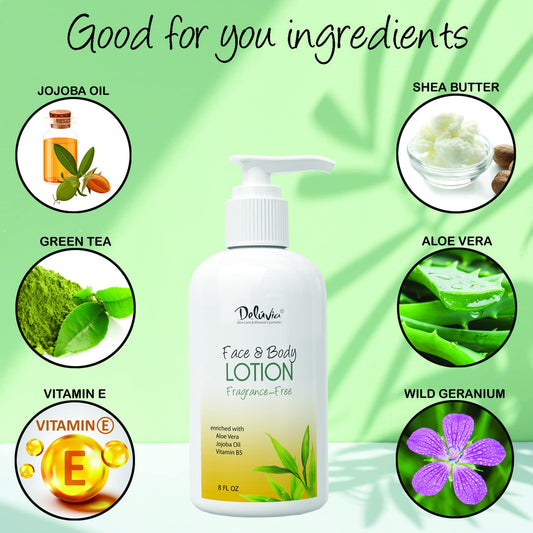 Deluvia Moisturizing Body Lotion & Face Lotion, Organic Aloe Vera, Shea Butter, Organic Jojoba Oil, Vitamin E & B5. Daily Skin Moisturizing Lotion For Dry Skin, Great For All Skin Types. - 2 Pack