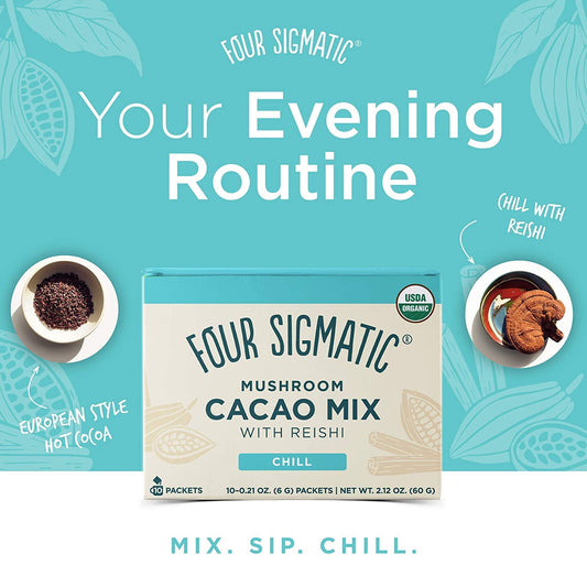 Mushroom Hot Cacao Mix By Four Sigmatic | Organic Reishi Mushroom Cacao Powder | Supports Stress & Sleep | Calm & Relax | Organic Cacao, Reishi, Cinnamon & Cardamom | Vegan & Gluten-Free | 10 Count