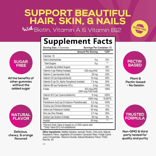 Sugar Free Hair Vitamins Gummies With Biotin 5000 Mcg, Vitamin A, B12,