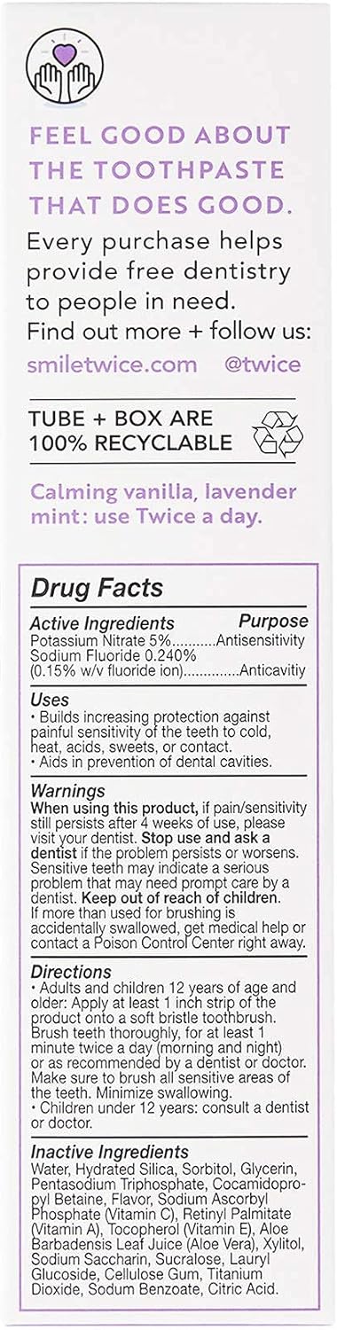 Twice Toothpaste - SLS Free Toothpaste with uoride for Tooth Remineralization - Sensitive Teeth Whitening with Cavity Protection - (Calming Vanilla Lavender Mint)