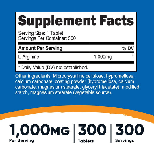 Nutricost L-Arginine 1000Mg, Amino Acid Tablets (300 Tablets)
