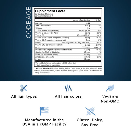 Codeage Hair Gummies, Biotin 5000 Mcg, Sugar Free Growth Gummy Vitamin