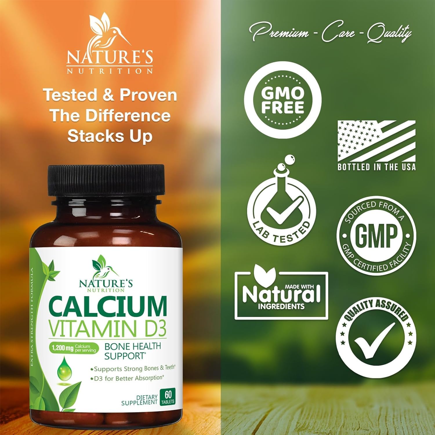 Calcium 1200 mg Plus Vitamin D3, Bone Health & Immune Support - Nature