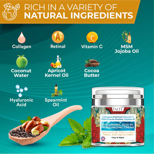 Facial moisturizer cream hyaluronic acid 6% vitamin C collagen retinol MSM cocoa butter and jojoba oil for face for all type skin night and day use facial moistirizer made In USA