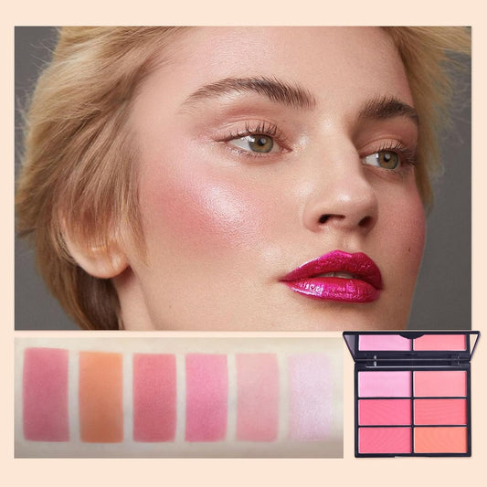 Carmela 6 Colors Powder Blush Palette, Matte and Shimmer Blush for Cheeks, Highly Pigmented Long Lasting Baked Blush Pallet