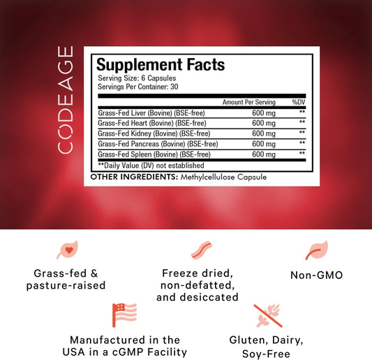 Codeage Grass Fed Beef Organs Supplement  Glandulars Supplements - Fr4.8 Ounces