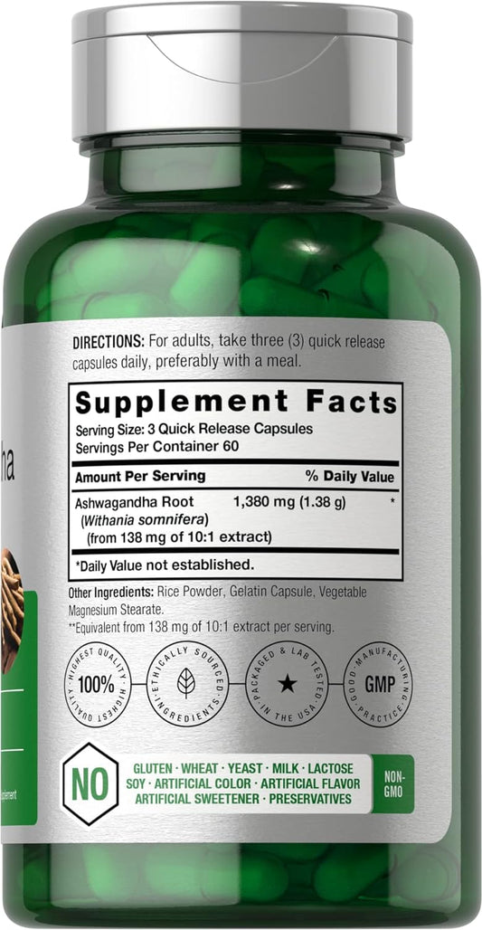 Ashwagandha Capsules 1380Mg | 180 Count | Root Extract | Non-Gmo, Glut