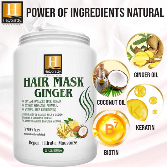 HELYORATTY PROFESSIONAL Salon Treatment - Ginger Oil Deep Conditioner & Hair Mask,tratamiento para el cabello maltratado - dominican hair products Organic,Hair Mask, Anti-Hair Loss Conditioner,60