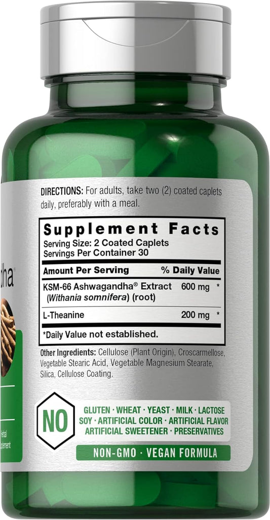 Ksm-66 Ashwagandha 600Mg | 60 Caplets | With L-Theanine | Vegan, Non-G