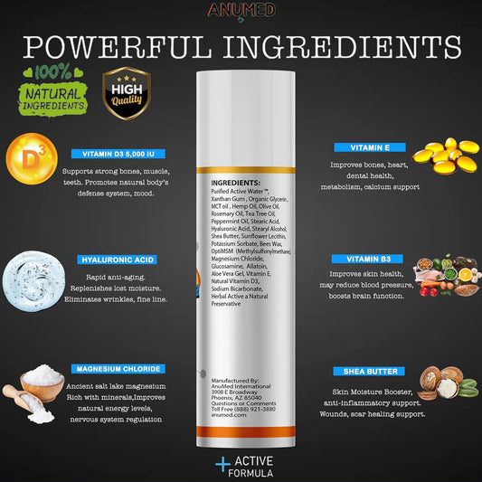 Anumed Vitamin D3+K2 With Magnesium 5,000 Iu Cream + Hyaluronic Acid. Best Moisturizer For Dry Skin And Healthy Skin Car