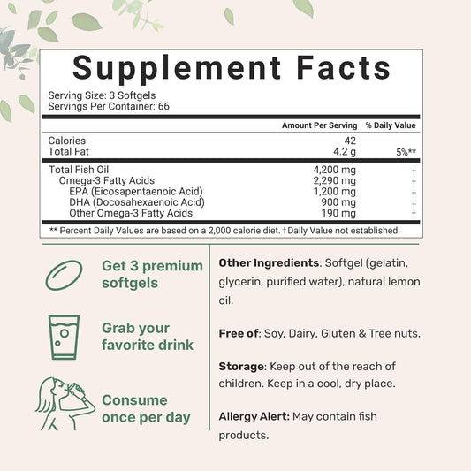 Triple Strength Omega 3 Fish Oil Supplements 4200mg Per Serving, 200 Softgels ?Lemon Flavored ? Burpless (Enteric-Coated