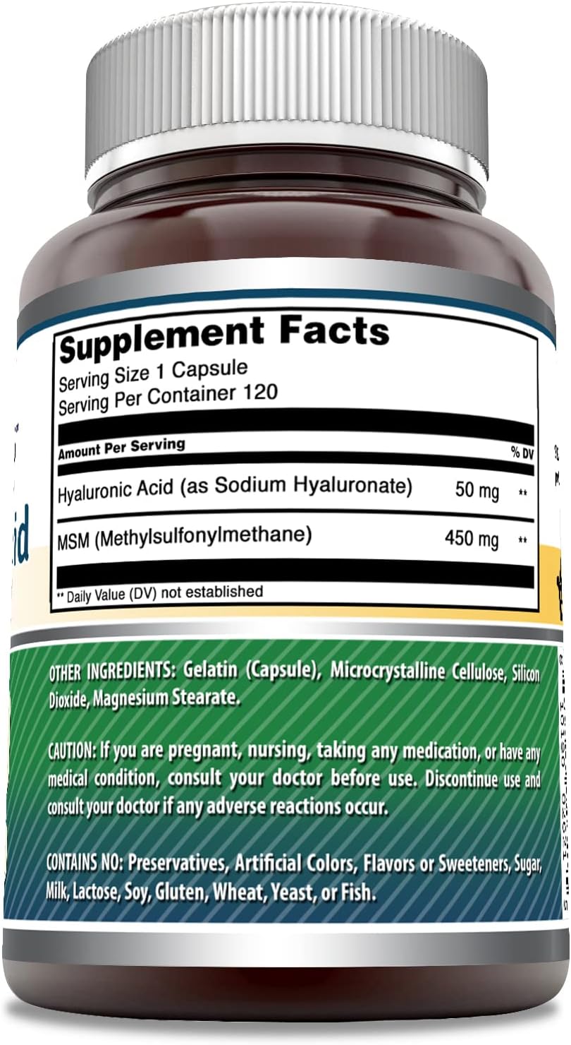 Amazing Formulas Hyaluronic Acid & MSM 500mg 120 Capsules Supplement |