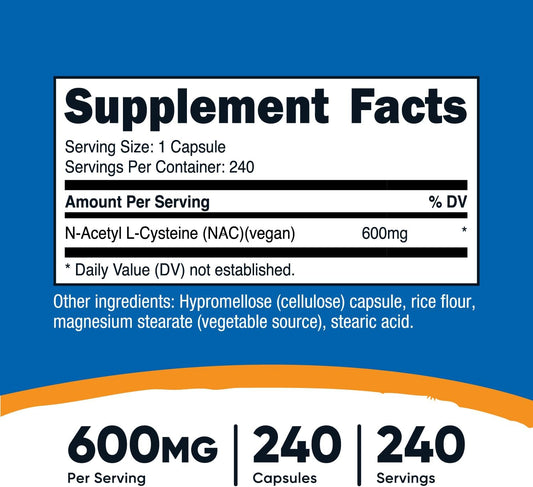 Nutricost N-Acetyl L-Cysteine (Nac) 600Mg, 240 Vegetarian Capsules - V