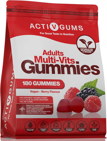 Adults Multi 180 Vegan Gummies. Resealable & Recyclable Pouch. Contain440 Grams
