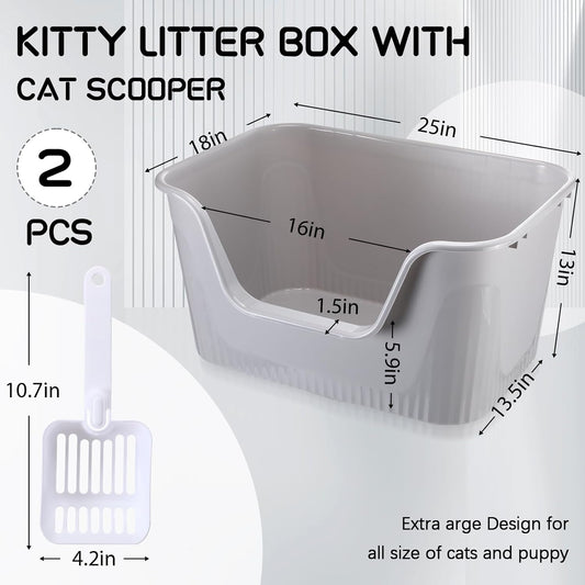Yungyan 2 Pcs Large Cat Litter Box With High Sides, 25 X 18 X 13'' Extra Large Cat Litter Box With Scoop Indoor Open Top