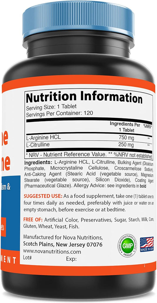 Nova Nutritions L-Arginine L-Citrulline 1000Mg - Promotes Mu