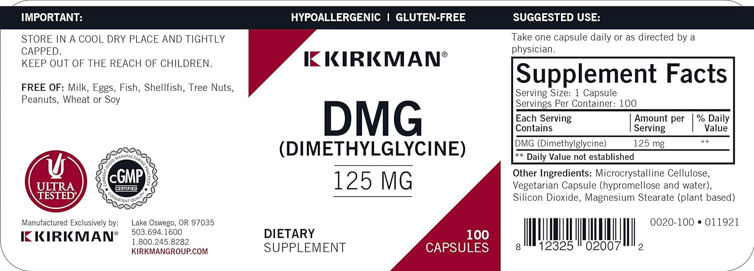 Kirkman DMG (Dimethylglycine) 125 mg - Hypoallergenic || 100 Vegetaria