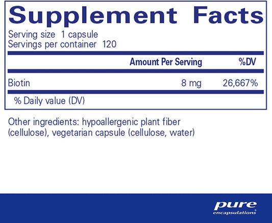 Pure Encapsulations Biotin 8 Mg | B Vitamin Supplement For Stress Relief, Hair, Skin, And Nail Strengthening, Metabolism, Glucose Support, And Nervous System*