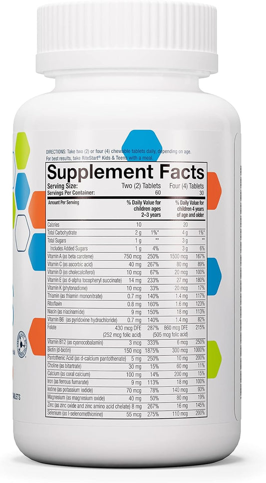 4Life Ritestart Kids & Teens - Apple And Orange Flavors - 22 Essential Vitamins And Minerals - Ages 2 And Up - Immune System Support Transfer Factor - Brain Support - 120 Chewable Tablets
