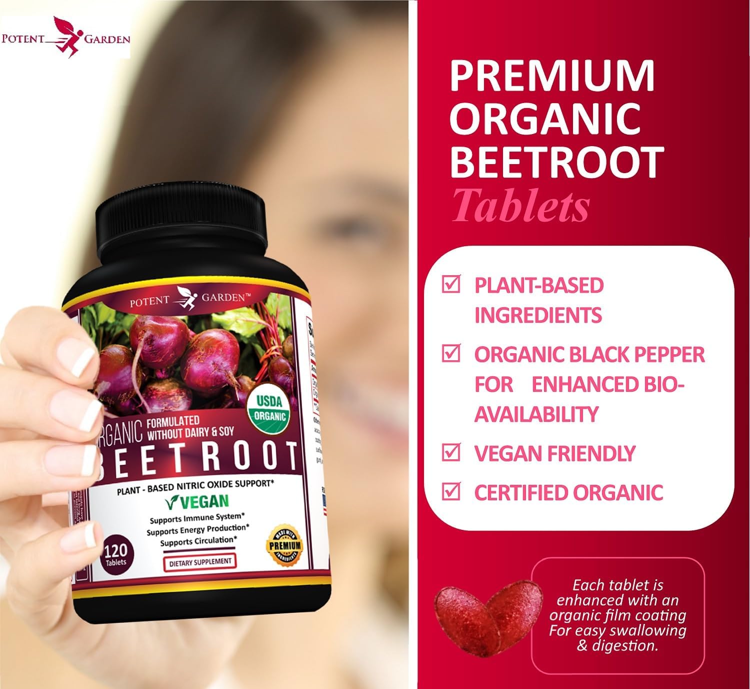 Potent Garden Premium Organic Beet Root Tablets -1350mg Bee