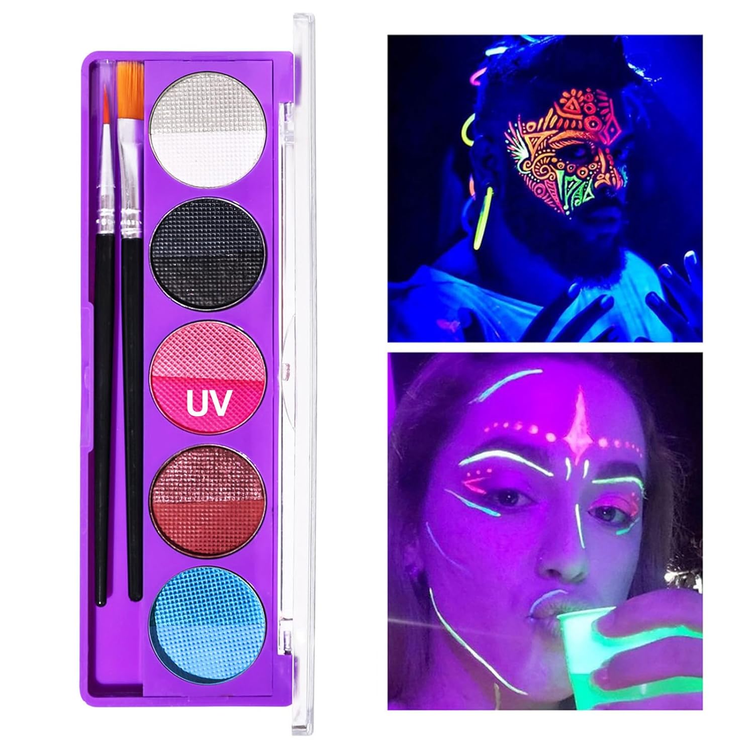 MEICOLY Glow UV Blacklight Face Paint, 8 Bright Colors Neon Fluorescent  Body Painting Palette,Water Activated Eyeliner,Water Based Glow In The Dark