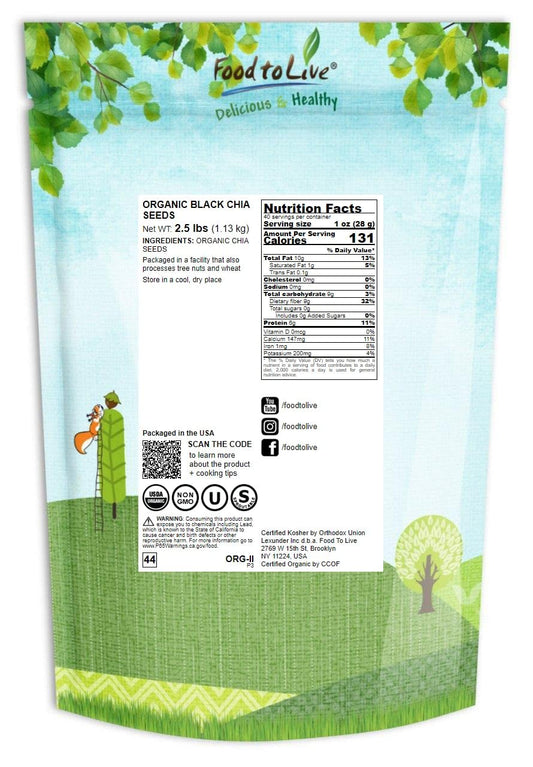 Organic Black Chia Seeds– Non-Gmo, Whole, Sproutable, Vegan, Kosher, Keto, Sirtfood, Bulk. Rich In Essential Fatty Acids, Fiber, Protein. Great For Chia Pudding, Smoothie, Oatmeal